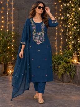 BERRYLICIOUS - Blue Cotton Embroidered Kurta with Pant and Dupatta