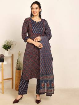 Silver Lime - Women Navy Blue Ajrakh Print Kurta with Pant and Dupatta