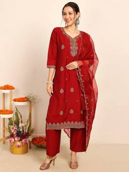 Silver Lime - Women Maroon Heavy Embroidered Kurta with Pant and Dupatta