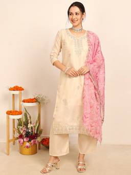 Silver Lime - Women Cream Embroidered Kurta with Pant and Dupatta
