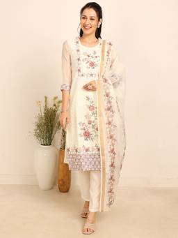 Silver Lime - Women Off White Floral Printed Chikankari Kurta with Pant and Dupatta