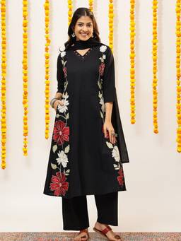 Vbuyz - Black Women Cotton Floral Embroidery A-Line Kurta with Palazzo and Dupatta