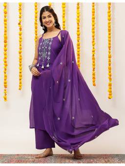 Vbuyz - Purple Cotton Geometric Embroidery Straight Kurta with Palazzo and Dupatta
