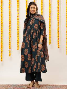 Vbuyz - Teal Women Cotton Floral Printed Anarkali Kurta with Palazzo and Dupatta