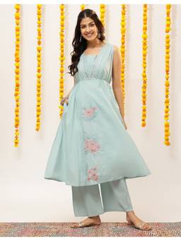 Vbuyz - Blue Women Cotton Floral Embroidery With Pin Tucks A-Line Kurta with Palazzo
