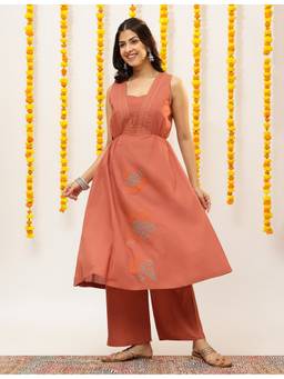 Vbuyz - Peach Cotton Floral Embroidery With Pin Tucks A-Line Kurta with Palazzo