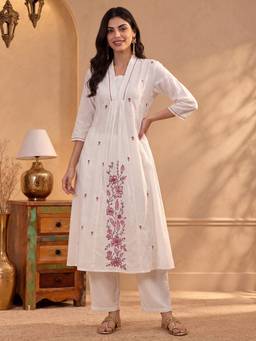 Vbuyz - White Women Cotton Floral Embroidery A-Line Kurta with Palazzo
