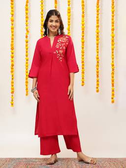 Vbuyz - Pink Women Cotton Floral Embroidery With Straight Kurta with Palazzo
