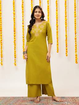 Vbuyz - Green Women Cotton Geometric Embroidery Straight Kurta with Palazzo