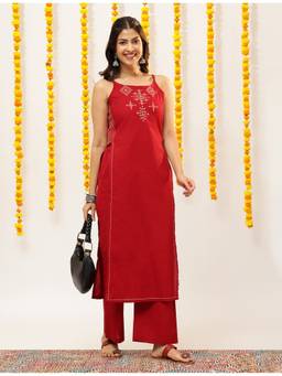 Vbuyz - Maroon Women Cotton Geometric Embroidery With Straight Kurta with Palazzo