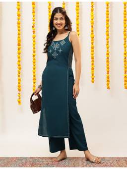 Vbuyz - Teal Women Cotton Geometric Embroidery With Straight Kurta with Palazzo