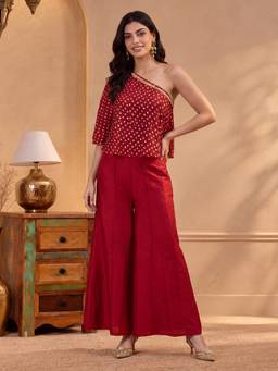 Vbuyz - Maroon Women Viscose Bandhani Foil Print Asymmetric Crop Top with Palazzo