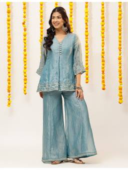 Vbuyz - Teal Women Fendi Silk Floral Embroidery A-Line Kurta With Sharara