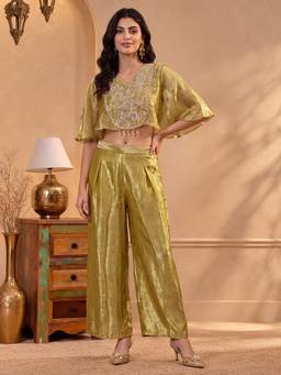 Vbuyz - Mustard Women Fendy satin Floral Embroidery Straight Crop Top with Palazzo