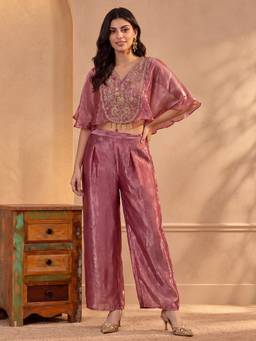 Vbuyz - Pink Women Fendy satin Floral Embroidery Straight Crop Top with Palazzo