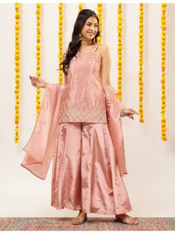 Vbuyz - Peach Silk Blend Floral Embroidery Straight Kurti with Sharara and Dupatta