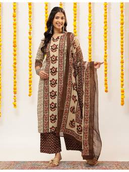 Vbuyz - Brown Women Cotton Floral Printed Straight Kurta with Palazzo and Dupatta