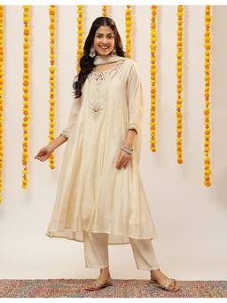 Vbuyz - Beige Mul chanderi Floral Embroidery Anarkali Kurta with Pant and Dupatta