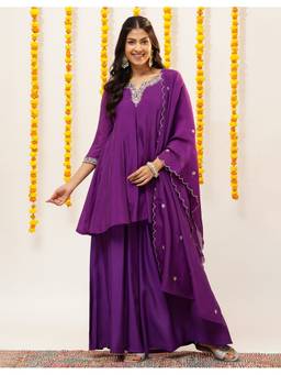 Vbuyz - Purple Mul chanderi Floral Embroidery Fit and Flare Kurta With Sharara and Dupatta