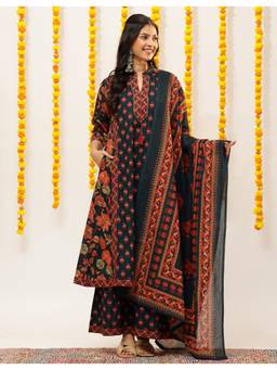 Vbuyz - Teal Women Cotton Floral Printed A-Line Kurta with Palazzo and Dupatta