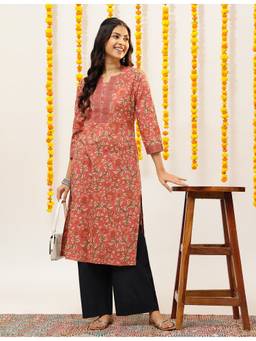 Vbuyz - Women Cotton Floral Printed With Lace Straight Kurta