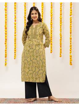 Vbuyz - Women Cotton Floral Printed With Lace Straight Kurta