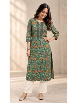 Vbuyz - Women Cotton Floral Printed With Lace Straight Kurta