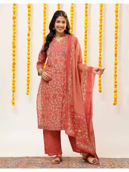 Vbuyz - Coral Women Cotton Floral Print Straight Kurta with Palazzo and Dupatta