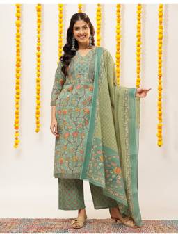 Vbuyz - Green Women Cotton Floral Print Straight Kurta with Palazzo and Dupatta