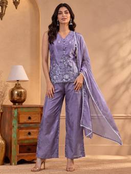 Vbuyz - Lavender Ho Fabric Floral Embroidery Straight Short Kurti with Palazzo and dupatta