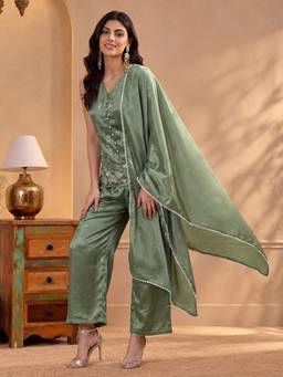 Vbuyz - Green Ho Fabric Floral Embroidery Straight Kurti with Palazzo and dupatta