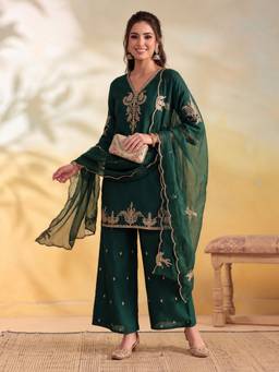 Jaipur Kurti - Women Embroidery Bottle Green Kurta with Palazzo and Dupatta