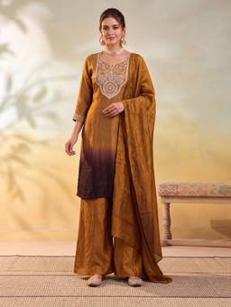 Jaipur Kurti - Women Embroidery Mustard Gold Kurta with Palazzo and Dupatta