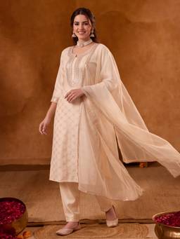 Jaipur Kurti - Women Embroidery Cream Kurta with Pant and Dupatta