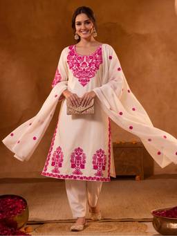 Jaipur Kurti - Women Embroidery Off White Kurta with Pant and Dupatta