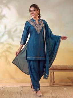 Jaipur Kurti - Women Embroidery Teal Kurta with Salwar and Dupatta