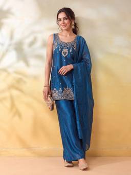 Jaipur Kurti - Women Embroidery Blue Kurta with Palazzo and Dupatta
