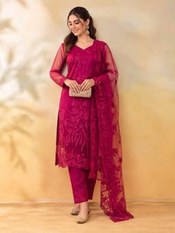 Jaipur Kurti - Women Floral Embroidery Rani Pink Kurta with Pant and Dupatta