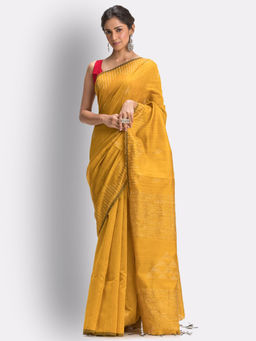 Angoshobha - Mustard Cotton Blended Handloom Jamdani Saree with Unstitched Blouse