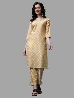 RAISIN - Women's Yellow Magic Rayon V-Neck A-Line Kurta with Pant (Set of 2)