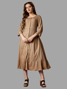 RAISIN - Beige Solid Three Fourth Sleeves Midi Dress for Women