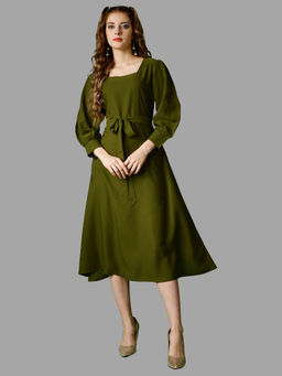 RAISIN - Moss Green Solid Full Sleeve Midi Dress for Women With Belt (Set of 2)