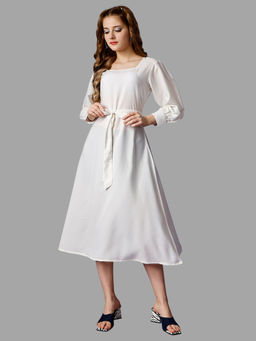 RAISIN - Off White Solid Full Sleeve Midi Dress for Women With Belt (Set of 2)