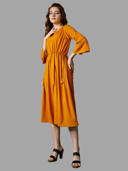 RAISIN - Yellow Solid Three Fourth Sleeves Midi Dress for Women