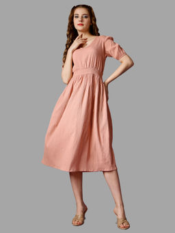 RAISIN - Beige Solid Half Sleeve Midi Dress for Women