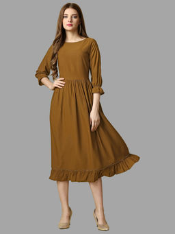 RAISIN - Brown Solid Three Fourth Sleeves Midi Dress for Women