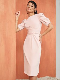 Styli - Pink Short Puff Sleeves Self Tie Belt Detail A-line Midi Dress (Set of 2)