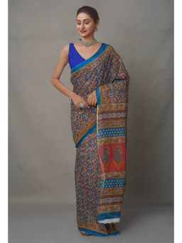 Unnati Silks - Blue Pure Block Printed Cotton Saree with Unstitched Blouse