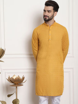 SOJANYA - Men Cotton Mustard Kurta with All Over Embroidery