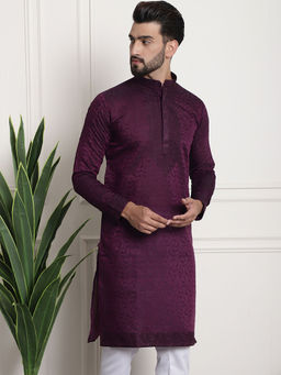 SOJANYA - Men Pure Silk Wine Kurta with Heavy Embroidery on Neck & Sleeves